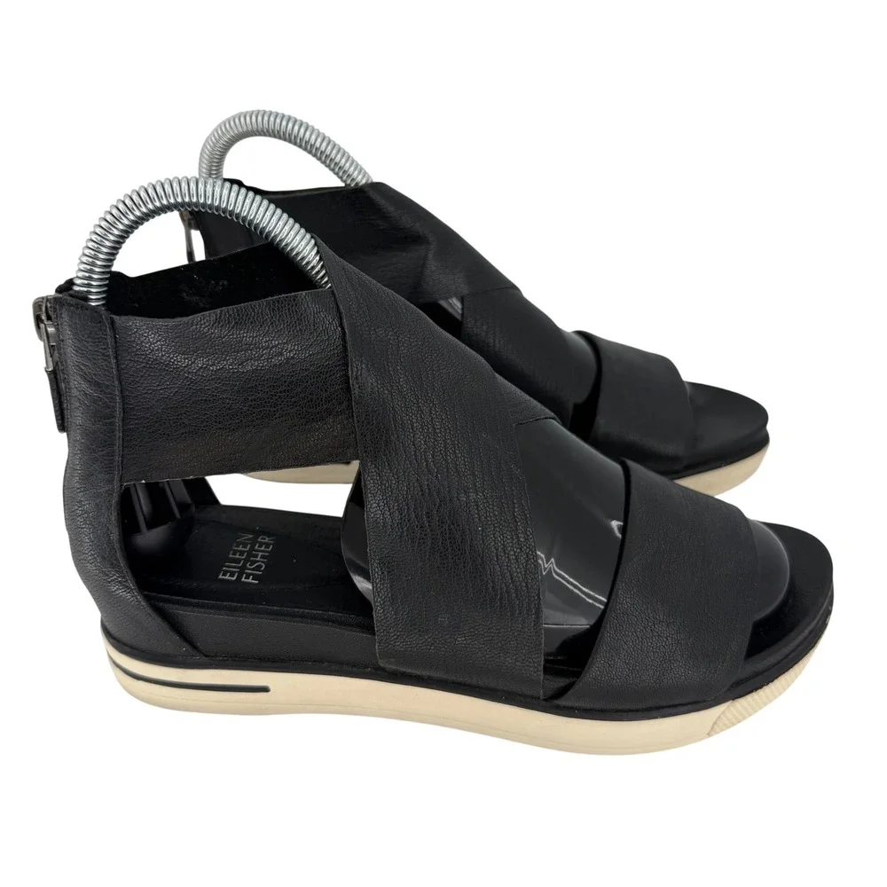 Eileen Fisher Black Leather Platform Sandals Crisscross Minimalist Luxe‎ Women 6